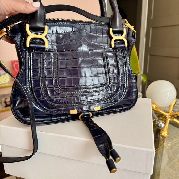 Chloé Navy Embossed Crocodile Leather Top Handle Bag w/Shoulder strap - Picture 2 of 10